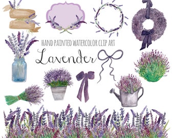 Lavender Watercolor Clipart Set – Hand Painted Floral PNG, Purple Flower Clip Art, Botanical Elements, Instant Download