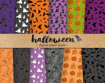 Halloween Digital Paper Pack – Spooky Patterns with Bats, Ghosts, Pumpkins & Spiderwebs, 12x12 Scrapbook Backgrounds, Instant Download