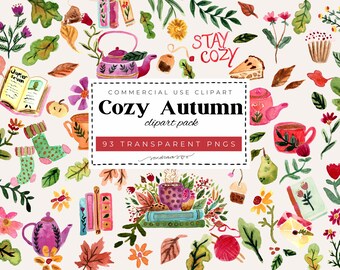 Cozy Autumn Watercolor Clipart Set | 93 PNG Files | Teapot Teacup Books Fall Illustrations | Cozy Cottagecore Clipart | Commercial Use
