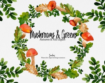 Clipart "Mushrooms & Greens" handgeverfd, 19 clipart 300 dpi PNG bestanden