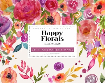 Watercolor Floral Clipart Set | Hand Painted Flowers & Leaves PNG Bundle | Bright Happy Florals | Botanical Design Elements for Creatives