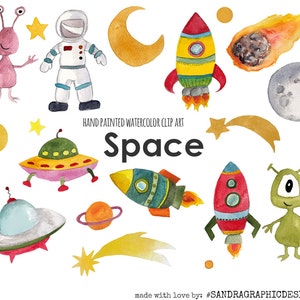 Space clip art, rocket clip art, aliens clip art, boys clip art, hand painted watercolor clipart (5235)