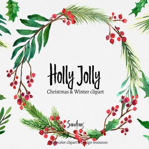 Può includere: Illustrazione ad acquerello natalizia e invernale con una ghirlanda di foglie verdi, bacche rosse e aghi di pino. Il testo "Holly Jolly" è al centro dell'immagine, con testo aggiuntivo in basso. Sfondo bianco.