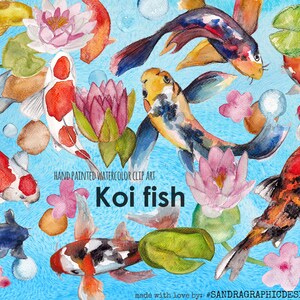 May include: Watercolor clip art featuring koi fish in shades of orange, red, white, and black, swimming among pink lotus flowers and green lily pads. The background is a light blue with bubbles. Text reads "Koi fish".