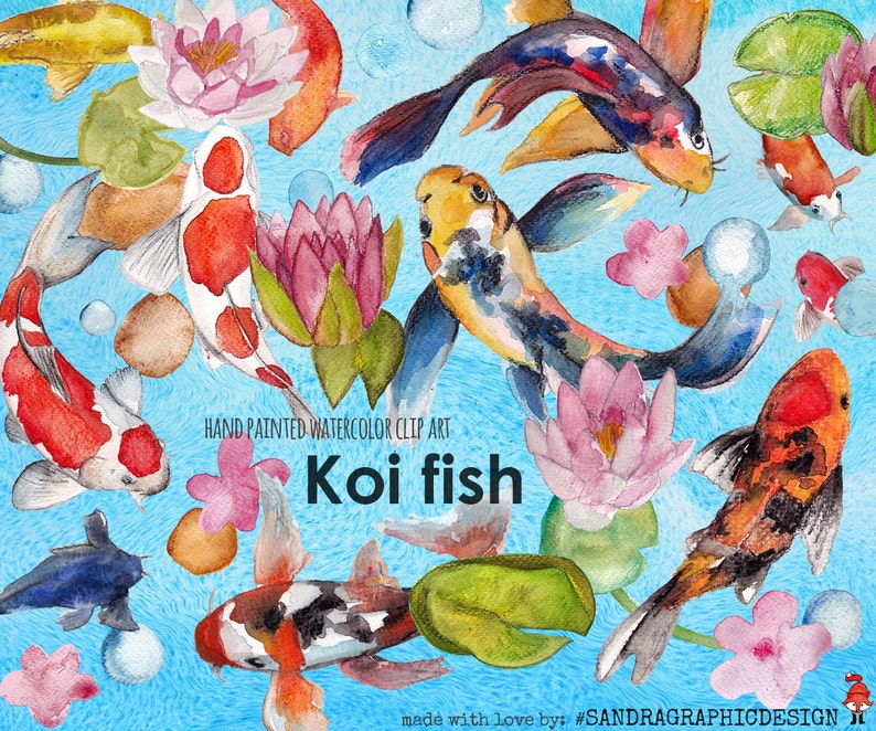 May include: Watercolor clip art featuring koi fish in shades of orange, red, white, and black, swimming among pink lotus flowers and green lily pads. The background is a light blue with bubbles. Text reads "Koi fish".