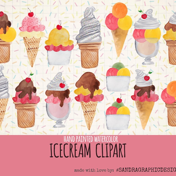Conjunto de imágenes prediseñadas de helados en acuarela: paquete PNG de postres de verano, helados pintados a mano, sundae, gelato, imágenes prediseñadas lindas, 15 imágenes