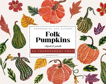 Folk Pumpkins Watercolor Clipart Set | 24 PNG Files | Folk Art Pumpkin Illustrations | Orange Green Dotted Pattern | Boho Fall Clipart