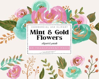 Mint & Gold Watercolor Floral Clipart Set – Peony Flowers, Bouquets, Frames PNG, Elegant Wedding Clip Art, Botanical Elements, 69 Files