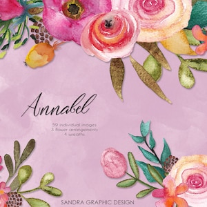 Conjunto de Clipart PNG de Flores Rosas em Aquarela | Peônias, Coroas de Flores e Elementos Botânicos Pintados à Mão | Flores Românticas no Estilo Cottagecore