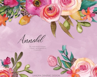 Floral watercolor clip art with sweet pink colors