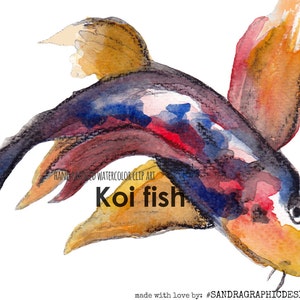 May include: Watercolor illustration of a koi fish in shades of black, blue, red, and gold. The fish is swimming diagonally across the frame. Text on the image reads "Koi fish" and "HANDMADE WATERCOLOR CLIP ART".