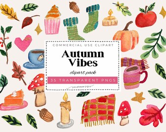 Autumn Vibes Watercolor Clipart Set | 35 PNG Files | Cozy Fall Illustrations | Toadstools, Pumpkin, Acorn, Tea Mug | Commercial Use