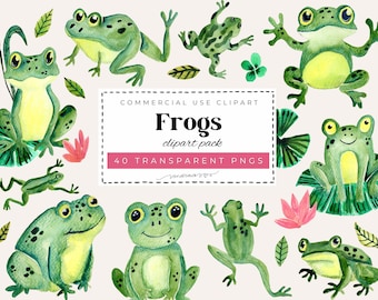 Frogs Watercolor Clipart Set | 40 PNG Files | Cute Whimsical Frog Illustrations | Leaves Branches Nature Clipart | Cottagecore Frog
