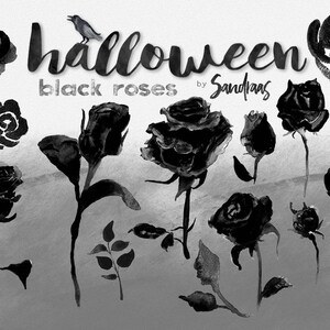 May include: Watercolor illustration of black roses, buds, and leaves. The word "Halloween" is written in a stylized font, with a raven perched on the letter "a". The text "black roses" is also present.