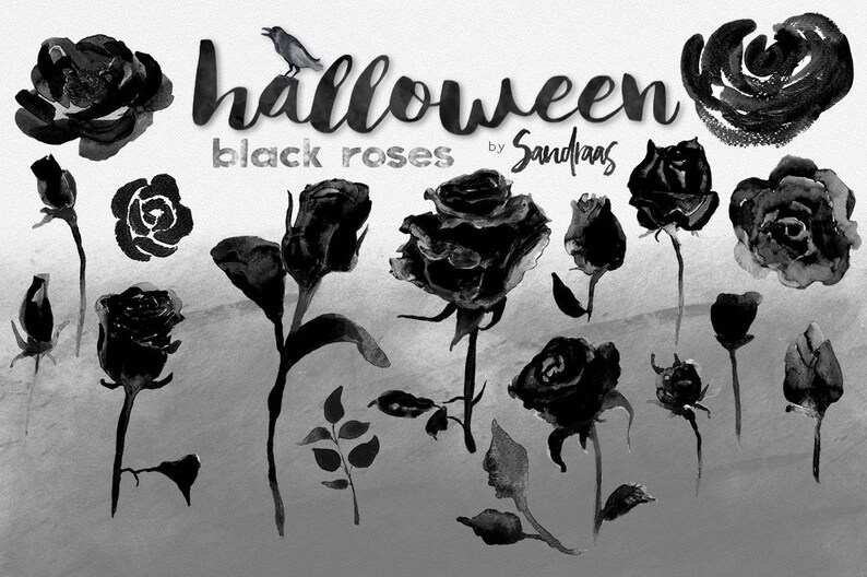 May include: Watercolor illustration of black roses, buds, and leaves. The word "Halloween" is written in a stylized font, with a raven perched on the letter "a". The text "black roses" is also present.
