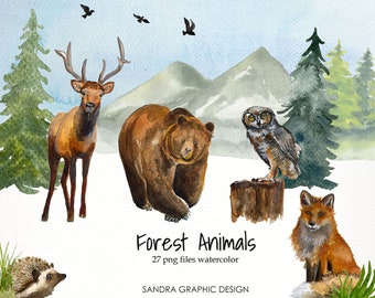 Clipart: "FOREST ANIMALS"  hand painted watercolor fall images, 27 clipart 300 dpi PNG  files