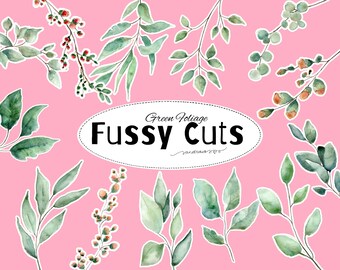 Green Foliage Fussy Cuts Printable | Watercolor Leaves Ephemera for Junk Journal & Scrapbooking |  Digital Download A4
