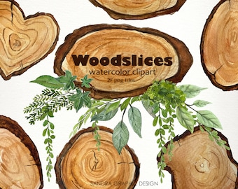 Watercolor Wood Slice Clipart Set – Hand Painted Tree Rings, Forest Leaves & Greenery PNG, Rustic Nature Clipart, Instant Download