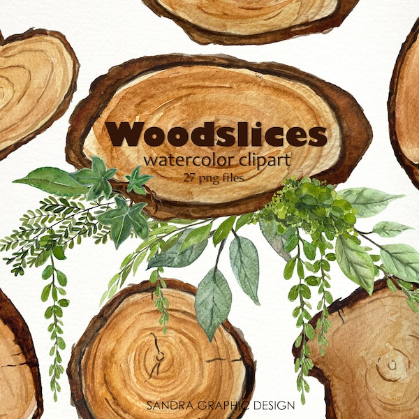 Watercolor Woodslices Clipart- Handpainted clip art - Tree slices - Forest plants - Download
