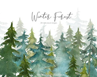 May include: Watercolor painting of a winter forest with evergreen trees in shades of green and blue. The words "Winter Forest" are written in cursive, with "28 individual images" below. The artist's name is at the bottom.