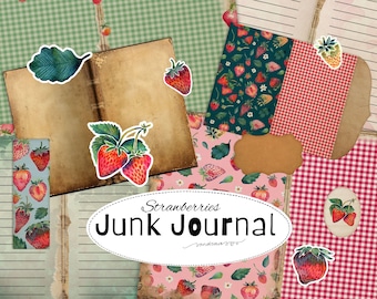 Strawberry Junk Journal Kit Digital Download, Vintage Watercolor Journal Pages Covers Cards Tags, Printable Cottagecore Ephemera PDF JPG