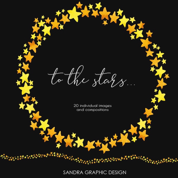 Gold Watercolor Stars Clipart | Hand Painted Star PNG Set | Sparkle Frames & Flourishes | Wedding, Christmas Design Graphics