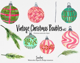 Clipart "VINTAGE KERSTBALLEN vol.1" handgeverfd, 6 clipart 300 dpi PNG bestanden