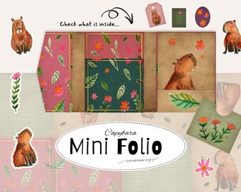 Capybara Mini Folio Printable Set | Watercolor Junk Journal Kit | Pockets Inserts Tags Ephemera | Gingham Vintage Paper | Print at Home