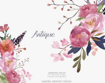 Floral clip art: "ANTIQUE PEONY clip art"  hand painted watercolor clip art, digital flowers, peony flowers