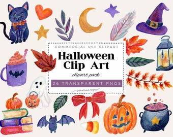Watercolor Halloween Clipart PNG Bundle | 26 Cute Halloween Transparent PNGs | Witch, Black Cat, Pumpkin, Ghost & Autumn Clipart