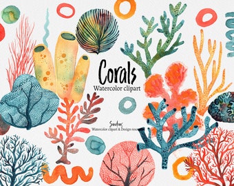 Watercolor Coral Clipart Set | Tropical Ocean PNG Bundle | Hand Painted Sea Coral Illustrations | Colorful Marine Graphics for Design