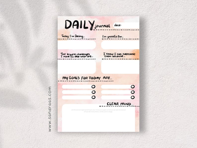 Daily Journal Printable PDF – Watercolor Self Reflection Planner Page ...