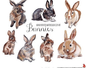 Bunnies clip art, watercolor bunnies painted by hand, rabbits clip art, spring clip art, Easter clipart (5231)