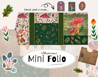 Mushroom Mini Folio Printable Set | Junk Journal Kit | Watercolor Mushroom Floral Autumn Leaves Vintage Paper | Pockets Inserts Ephemera