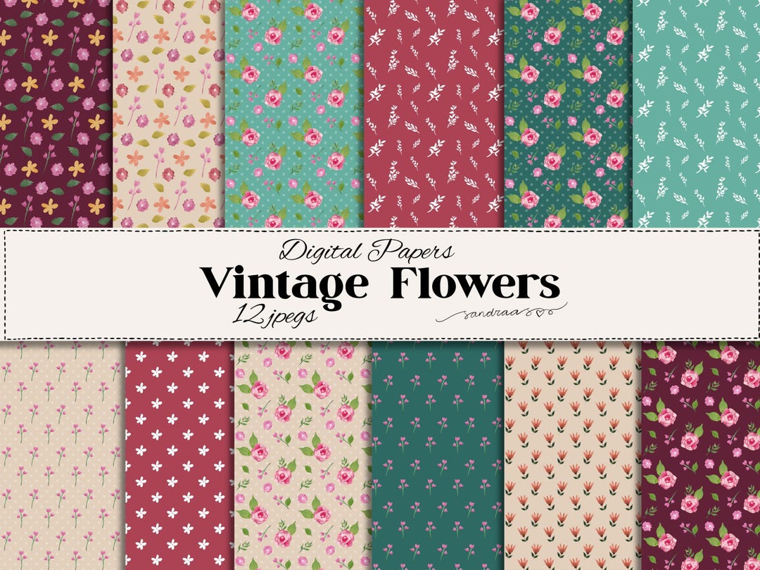 Vintage Floral Digital Paper Pack – 12 Printable Scrapbook Papers ...