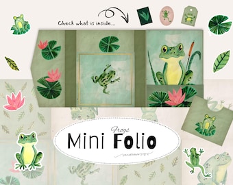 Frog Mini Folio Printable Kit – Junk Journal Ephemera, Watercolor Frogs & Lily Pads, Vintage Nature, DIY Mini Book, Instant Download