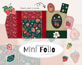 Strawberry Mini Folio Printable Kit – Junk Journal Ephemera, Vintage Gingham, Watercolor Strawberries, DIY Mini Book, Instant Download