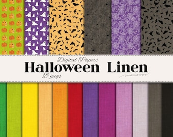 May include: Digital Halloween-themed linen papers with various patterns, including pumpkins, ghosts, bats, and spiderwebs. The colour palette includes orange, purple, black, and grey. The text "Halloween Linen" is displayed on a white banner.