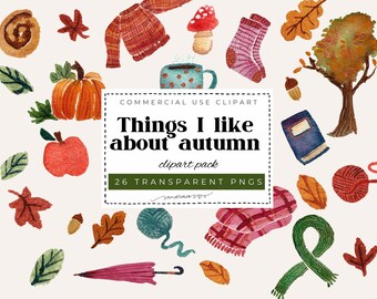 Things I Like About Autumn Watercolor Clipart Set | 26 PNG Files | Cozy Fall Sweater Pumpkin Leaves Illustrations | Hygge Clipart