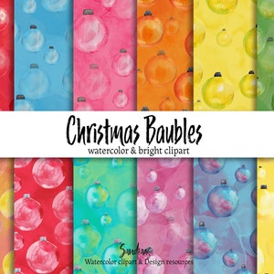 Christmas digital paper:&quot;WATERCOLOR CHRISTMAS BAUBLES&quot; with watercolor digital paper, seamless pattern, Christmas ornaments