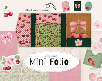 Cherry Mini Folio Printable Set | Junk Journal Kit | Cherry Blossom Bows Gingham Vintage Paper | Pockets Inserts Ephemera | Print at Home