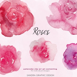 Puede incluir: Conjunto de im&aacute;genes predise&ntilde;adas de acuarela con cinco rosas en tonos rosa y rojo. La palabra "Roses" est&aacute; escrita en cursiva. El conjunto contiene 40 im&aacute;genes individuales. El nombre del artista es Sandra Graphic Design.