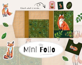 Fox Mini Folio Printable Set | Junk Journal Kit | Watercolor Fox Leaves Gingham Vintage Paper | Pockets Inserts Ephemera | Print at Home