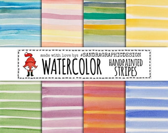 Watercolor digital paper: "WATERCOLOR STRIPES PAPER" with hand painted watercolor stripes background papers in various colors (1241)