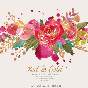 Conjunto de Clipart PNG de Flores Vermelhas e Douradas em Aquarela | Peônias Pintadas à Mão, Buquês de Coroas de Flores | Clipart de Flores Douradas Românticas