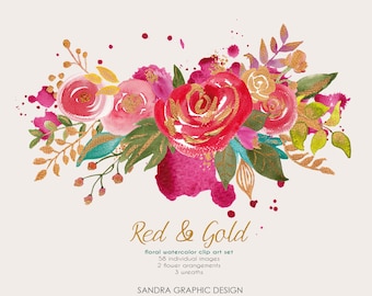 Floral watercolor clip art red and gold