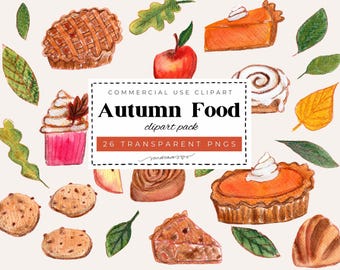 Autumn Food Watercolor Clipart Set | 26 PNG Files | Cozy Fall Food Illustrations | Apple Pie, Pumpkin, Cinnamon Roll | Commercial Use