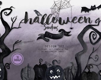 Black halloween clip art set with spooky black images clipart (5273)