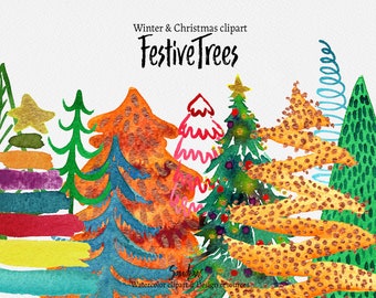 Clipart "FEESTELIJKE KERSTBOMEN" handgeverfd, 26 clipart 300 dpi PNG bestanden (waarvan 10 bomen)