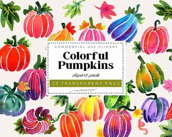 Colorful Pumpkins Watercolor Clipart Set | 23 PNG Files | Bright Rainbow Pumpkin Illustrations | Pink Blue Green Orange | Commercial Use
